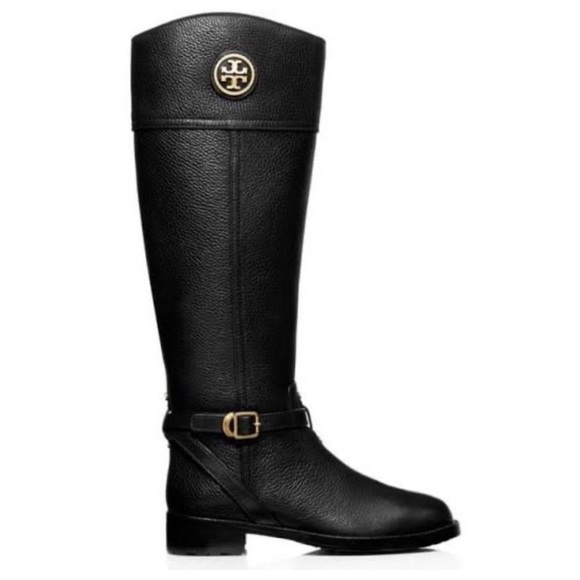 Tory Burch Teresa Logo Black Tumbled/Pebbled Leather Riding Boots - Picture 3 of 15